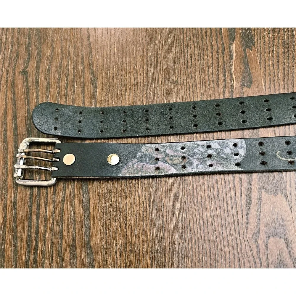 Vtg Y2K Ed Hardy Spell-Out Bulldog Tiger Genuine Leather 3 Prong Belt 46.5